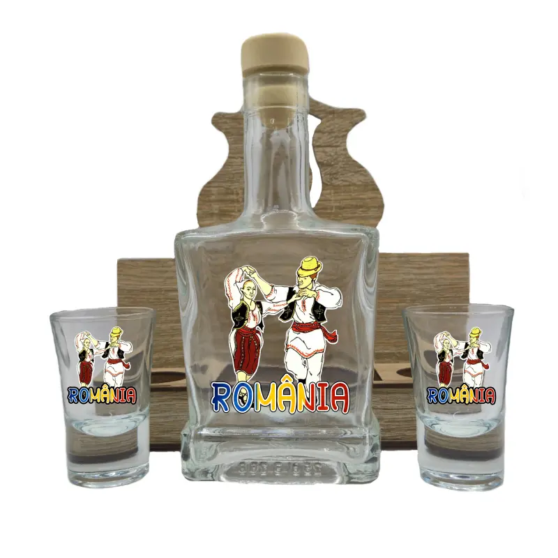 Port popular copii romania, suport din lemn cu sticla si 2 pahare, model hgs030